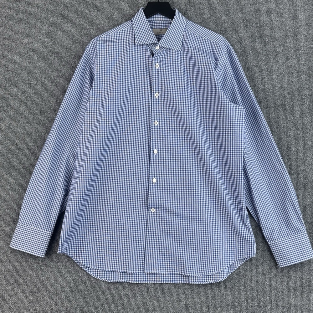 Canali Button Up Dress Shirt Mens 43 17 Blue Gingham Check Italy Long Sleeve